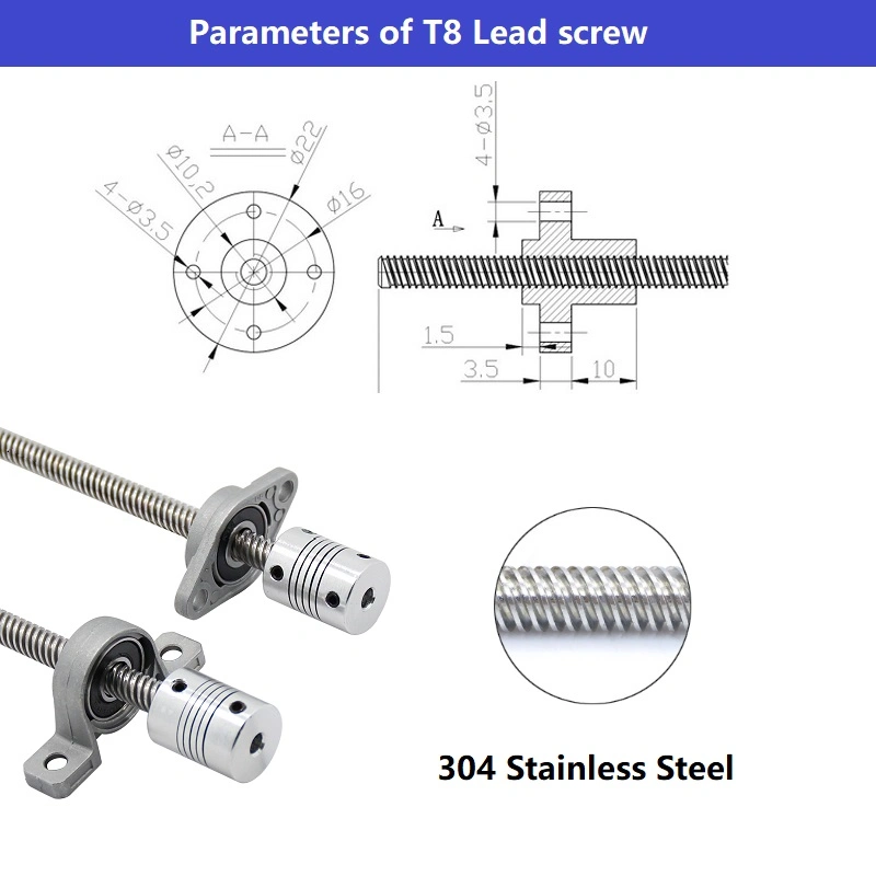 Customized Precision Lead 8 Pitch 2 500mm/400mm/350mm/200mm/100mm Vertical Horizontal Kit Kfl08 Kp08 Bearing CNC 3D Printer Parts CNC Machining Parts