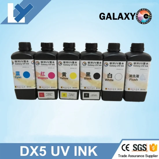 Inchiostro Galaxy UV 5 colori CMYKW 1000 ml Inchiostro Galaxy UV per testina di stampa Dx5 Prodotto in Giappone Inchiostro per serigrafia Galaxy UV per stampante a getto d'inchiostro UV per stampa su metallo